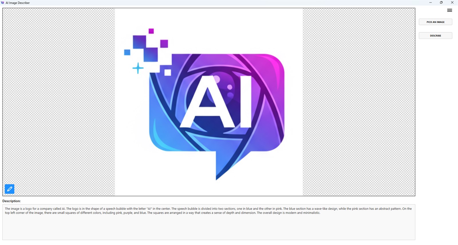 Schermata dell'interfaccia AI Image Describer da Microsoft Store
