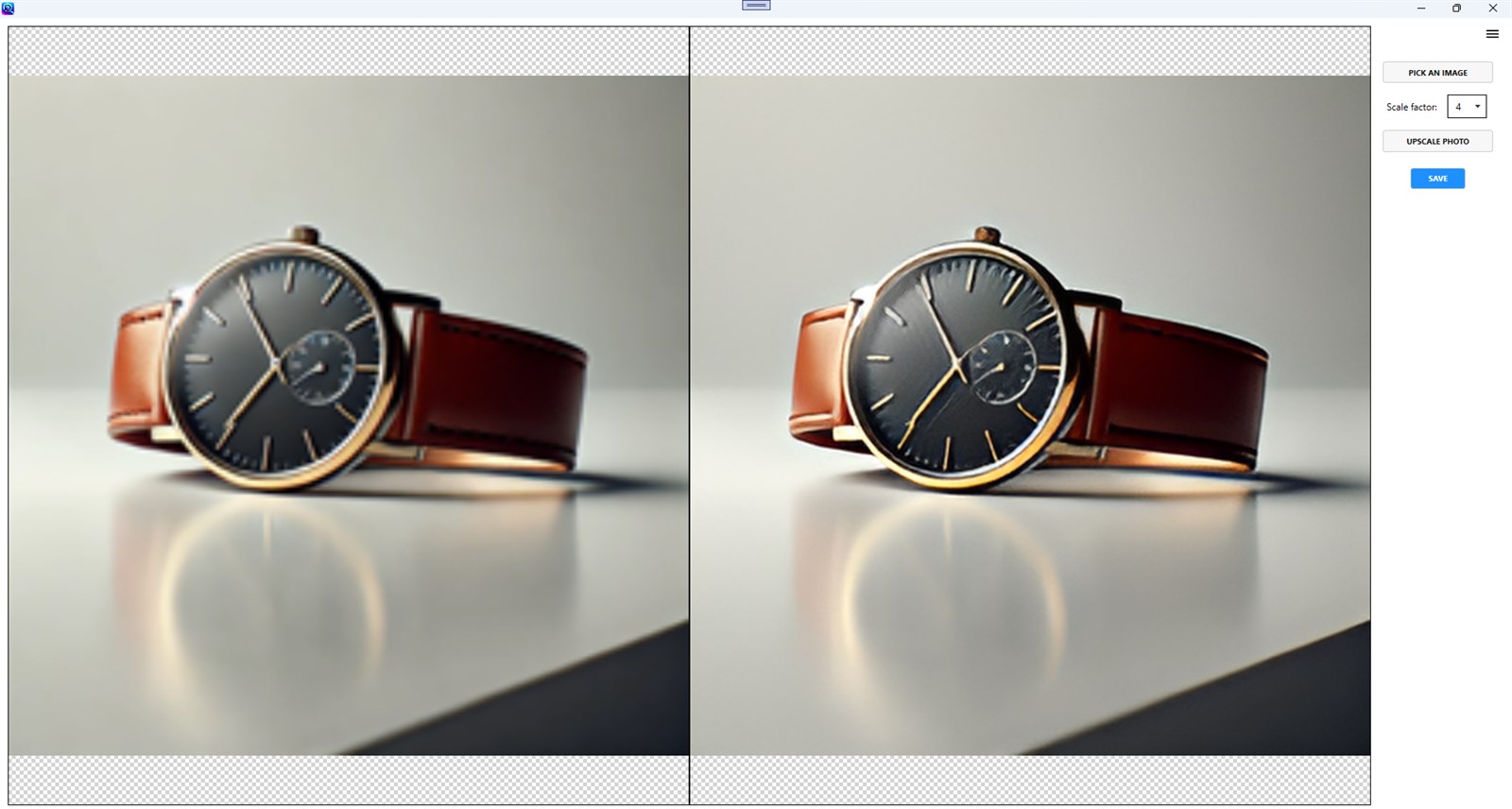 Microsoft Store의 AI Photo Upscaler 인터페이스 스크린샷