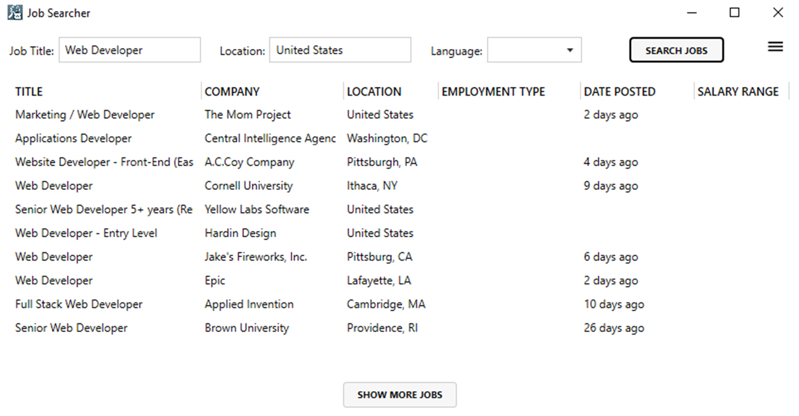 Captura de tela da interface Job Searcher de Microsoft Store