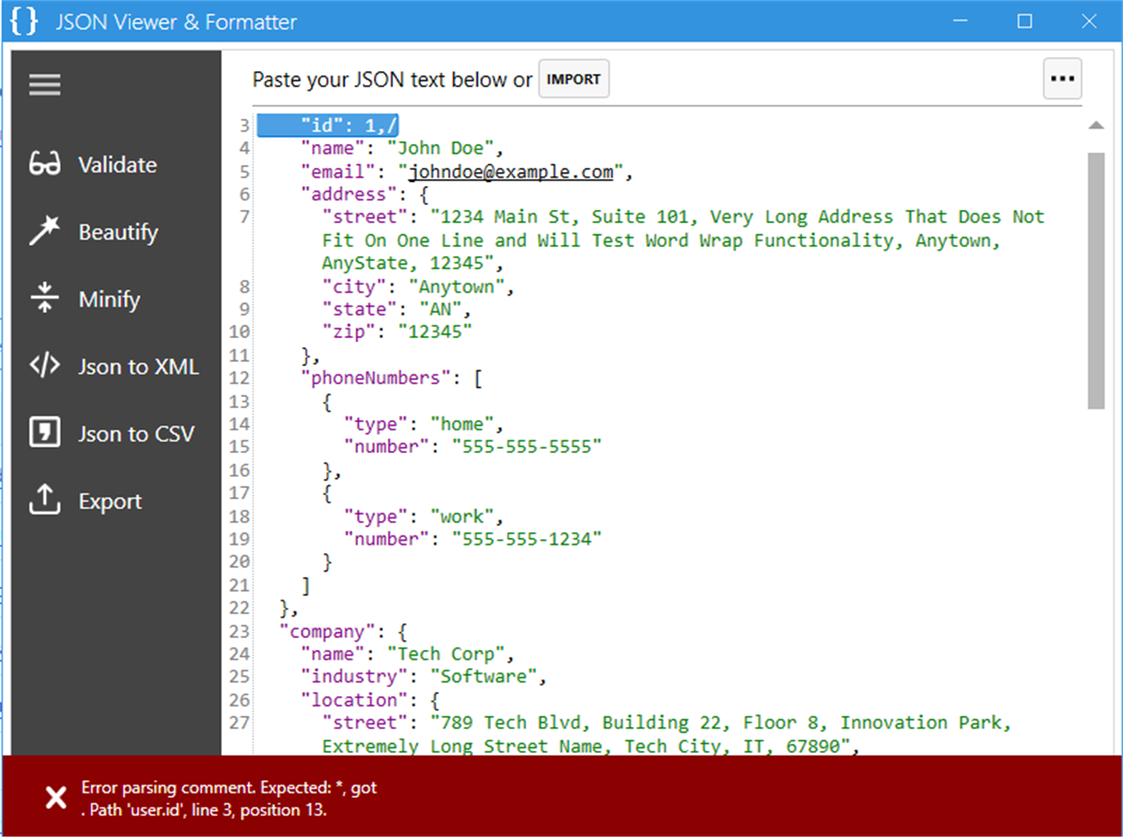 Resalte la línea que tiene error en la entrada de texto JSON