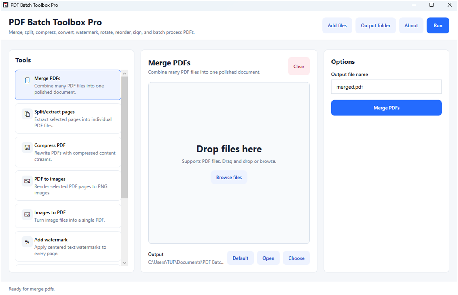 Schermata dell'interfaccia PDF Batch Toolbox Pro da Microsoft Store