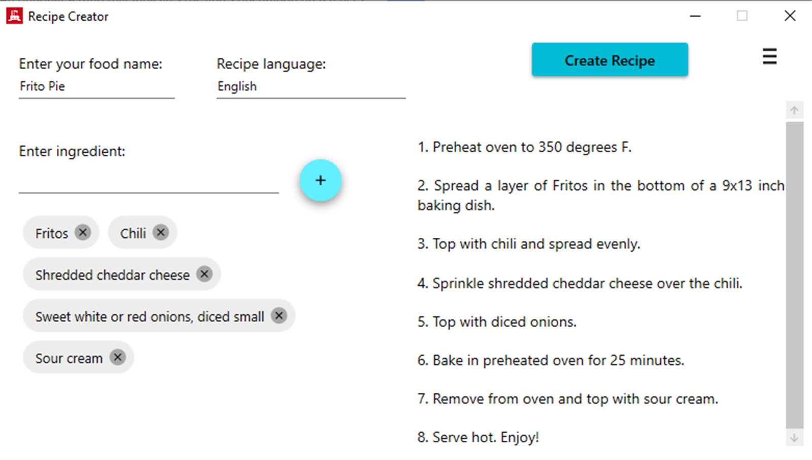 Microsoft Store'den Recipe Creator arayüzü ekran görüntüsü